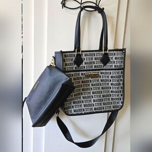 Steve Madden Black & Grey, Repeat Logo Shopper Handbag with removable Extra Bag